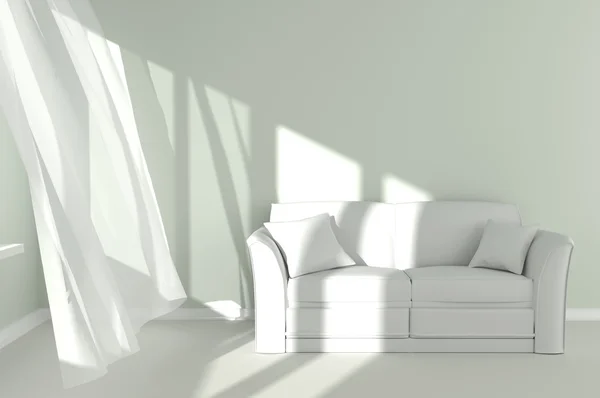 Moderna rum interiör med vita gardiner och soffan — Stockfoto
